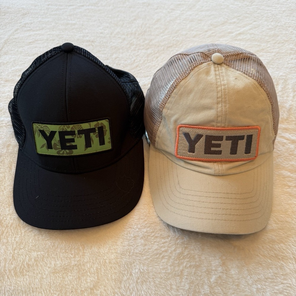 Yeti Hats Lot Of 2 NetPlus Trucker Hat Black Tan Patch Adjustable Snapback
